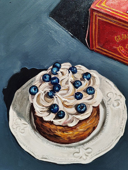 Oil painting of creamy frosted pastry with blueberries on silver plate by Oksana Sklym
