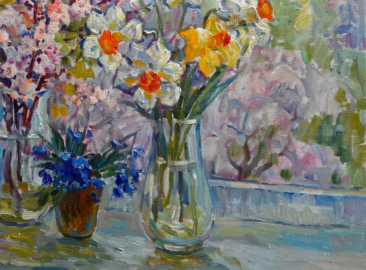 Oil painting of Morning light and petals by Ivan Kovalenko: white yellow daffodils