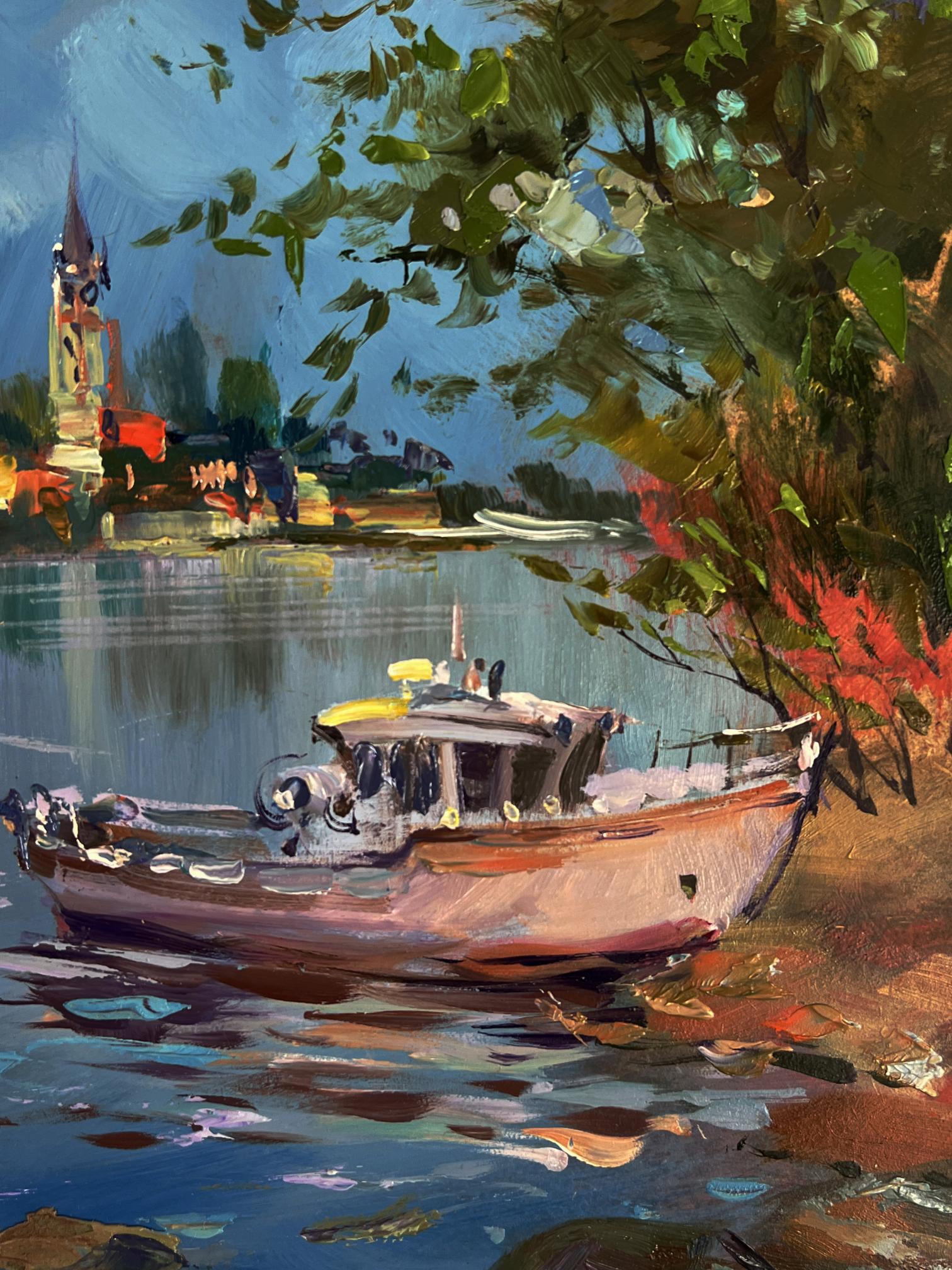 Oil painting of rustic boat with yellow cabin by Yuriy Suprunchuk