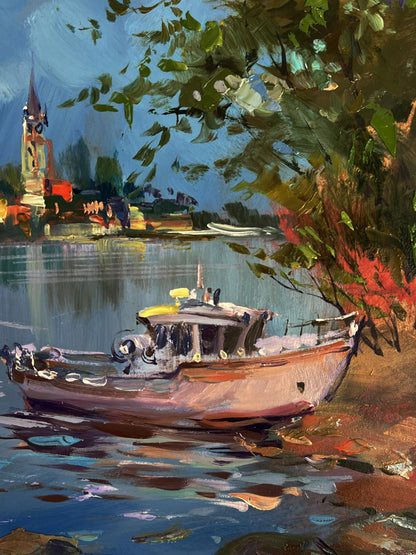 Oil painting of rustic boat with yellow cabin by Yuriy Suprunchuk