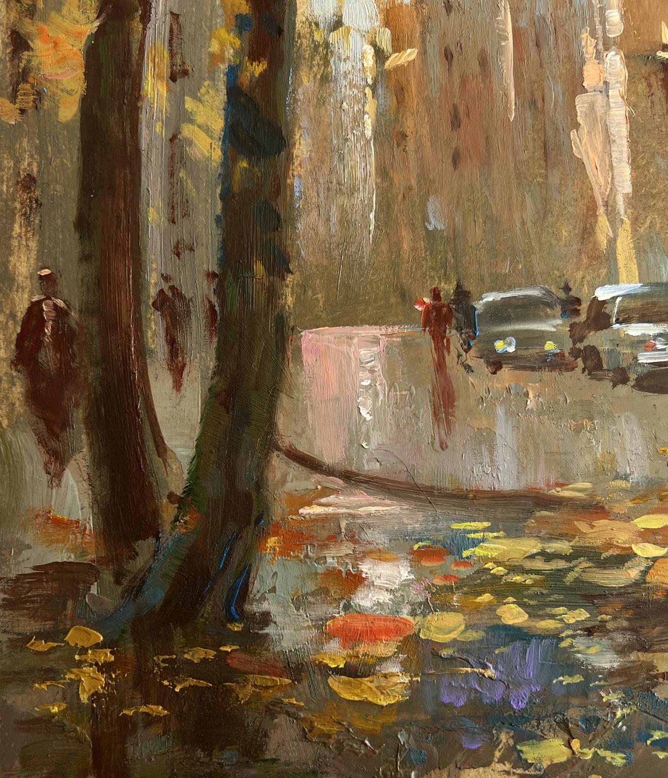 Impressionistic oil painting of rainy autumn streets by Yuriy Suprunchuk