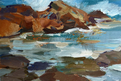 Oil painting by Yuriy Suprunchuk: waves hitting rugged rocks