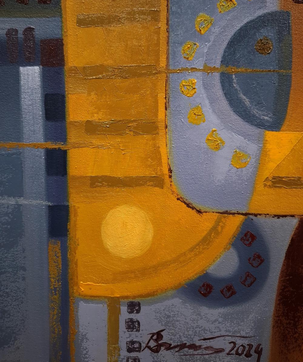 Oil painting Urban Jazz Music by Sergiy Voichenko with bold yellow blue gray geometric shapes