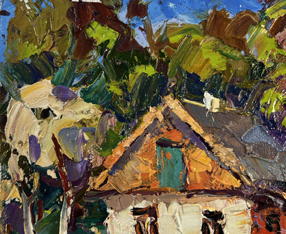 Vibrant oil painting of Oksana Ivanyuk village under summer sky with orange roof