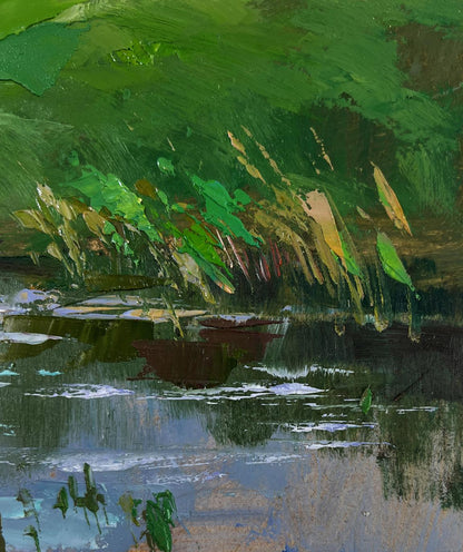 Textured impressionist oil painting of village on shore by Yuriy Suprunchuk