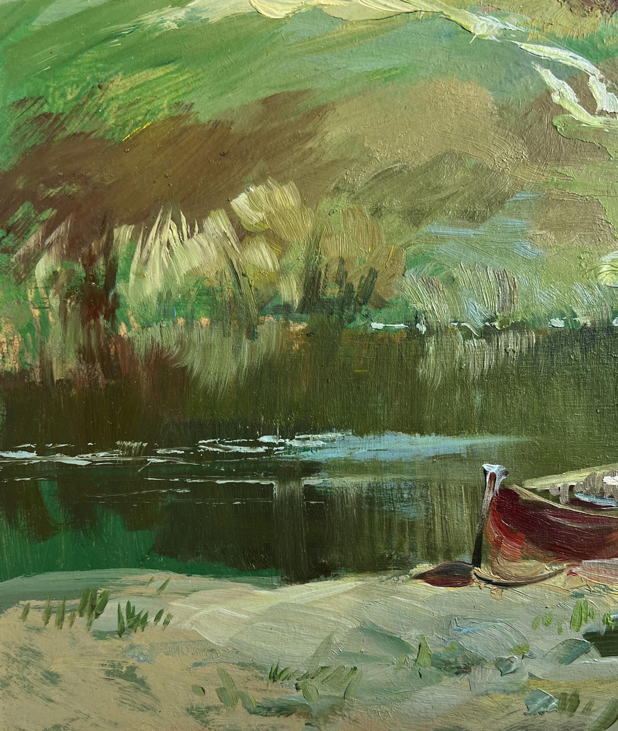 Oil painting of red rowboat on sandy shore by river near village Yuriy Suprunchuk