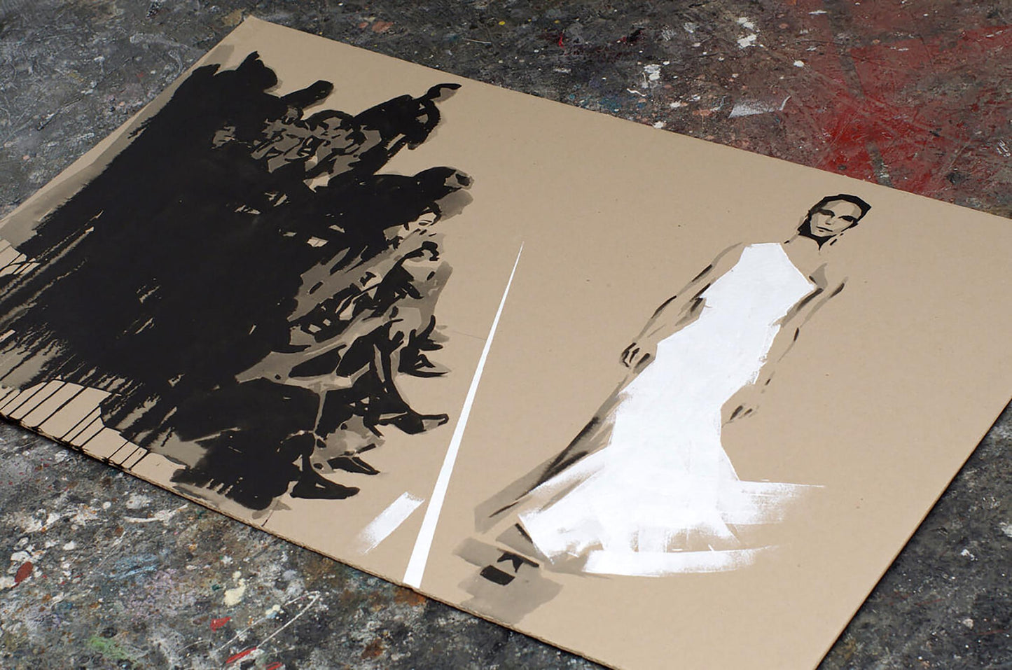 Minimalist white gown figure with black brushstrokes on beige panel by Dima Filatov