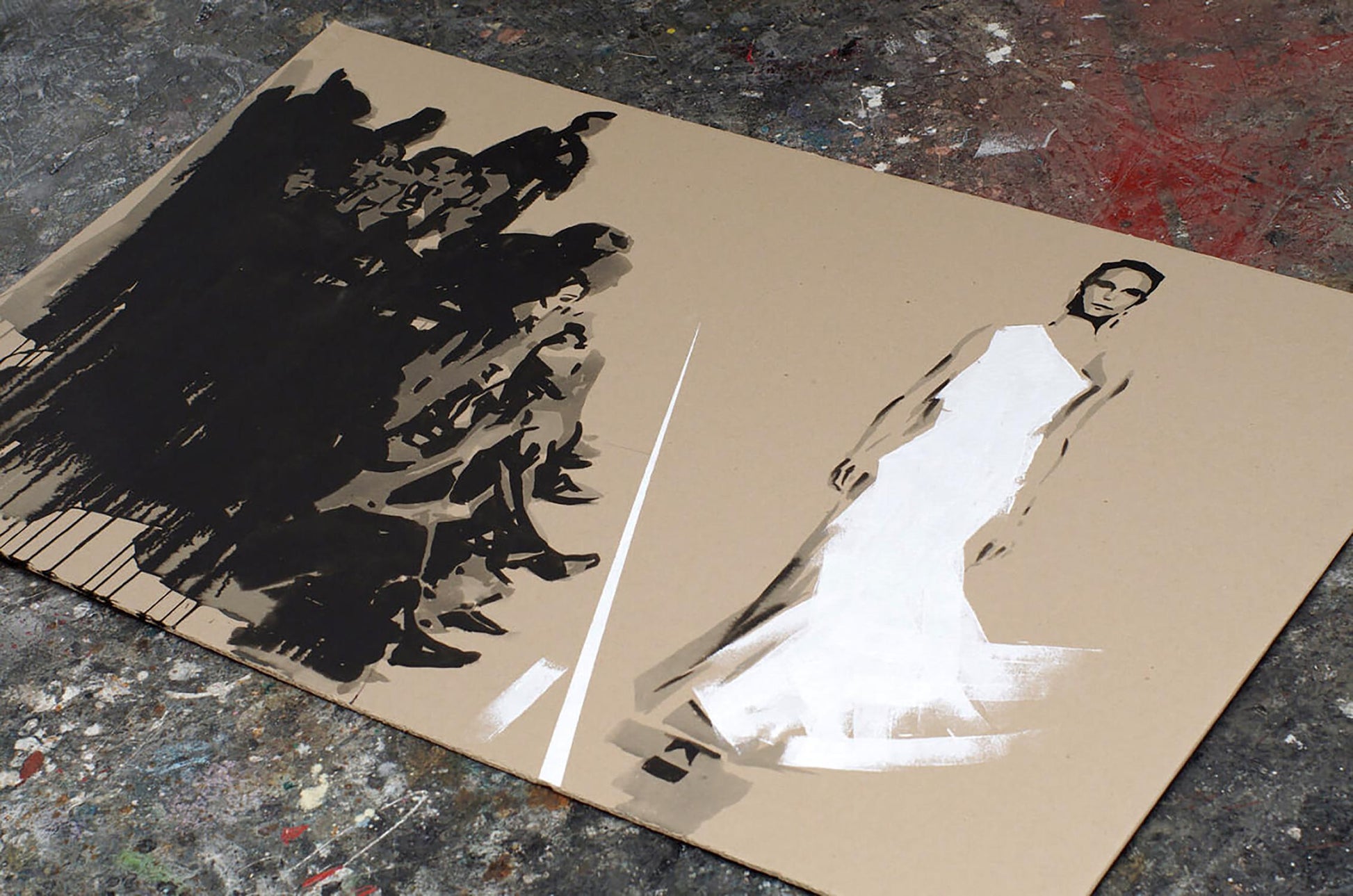Minimalist white gown figure with black brushstrokes on beige panel by Dima Filatov