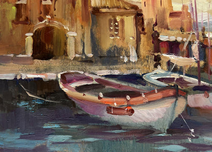 Oil painting of painted wooden rowboat in calm sunset sea by Yuriy Suprunchuk