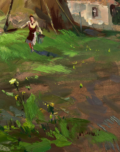 Oil painting by Yuriy Suprunchuk: woman in red white dress on green grass with yellow flowers