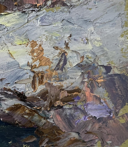 Oil painting Winter stream by Boris Serdyuk, rugged coastal cliffs