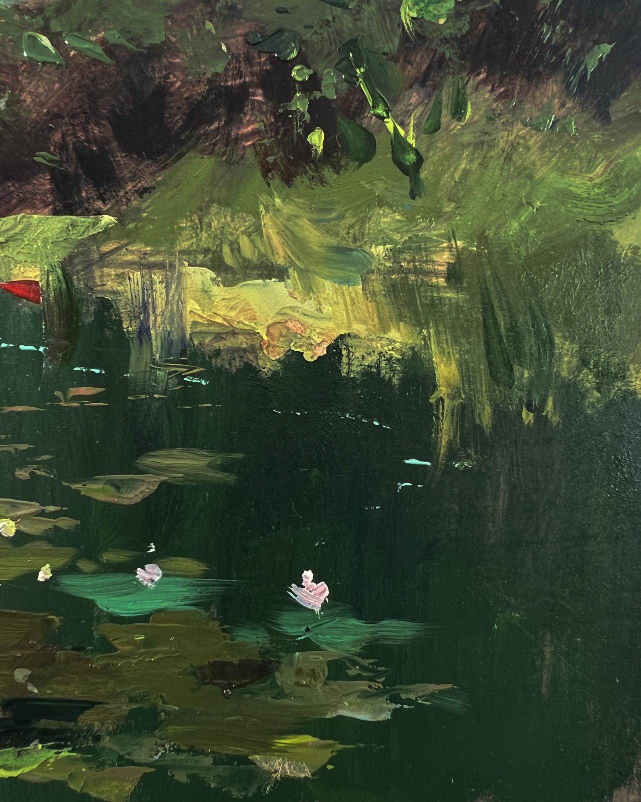 Oil painting of textured pond with lily pads by Yuriy Suprunchuk