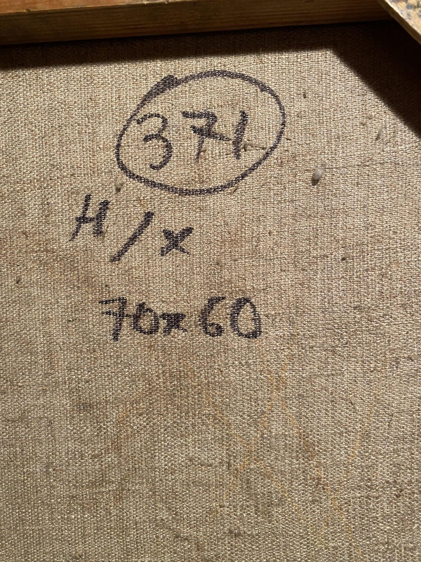 Back of Oil painting Native Kyiv by unknown artist with beige canvas, handwritten markings and circled number