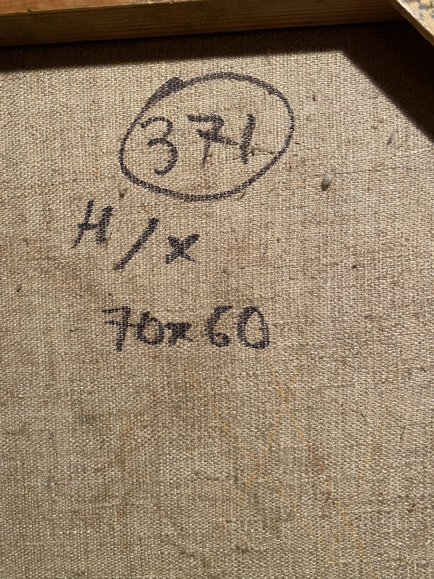 Back of Oil painting Native Kyiv by unknown artist with beige canvas, handwritten markings and circled number