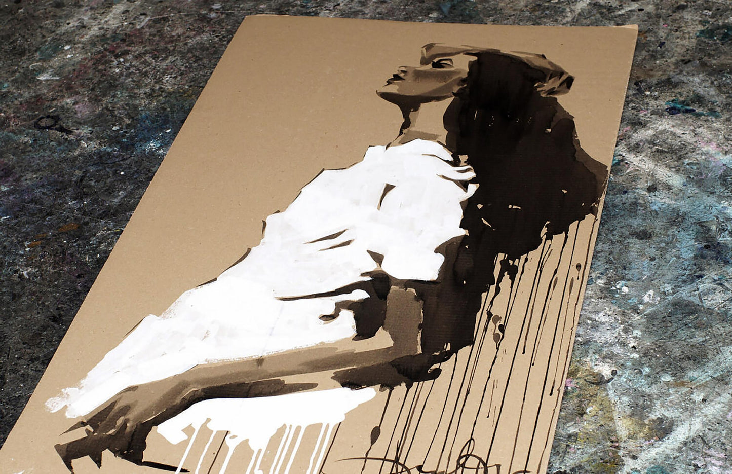 Stylized black and white acrylic portrait by Sister Dima Filatov on tan canvas