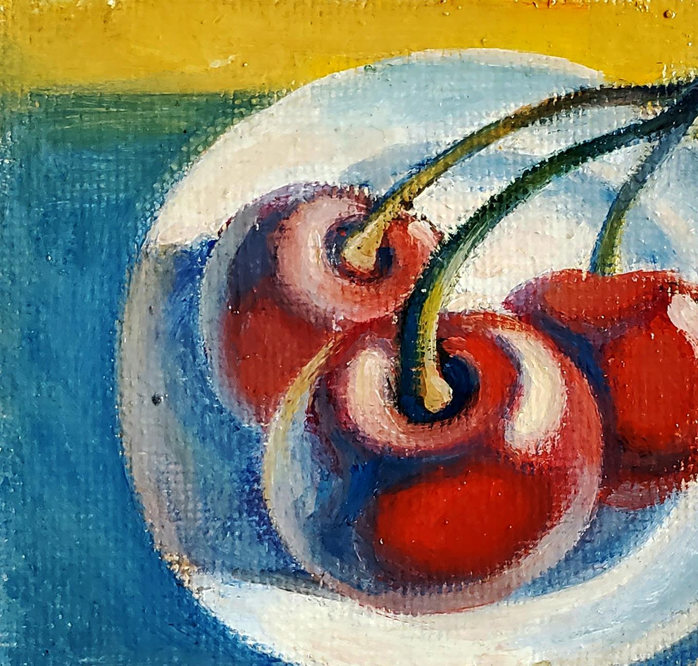 Oil painting of vibrant red cherries in white bowl by Daniil Litvinov