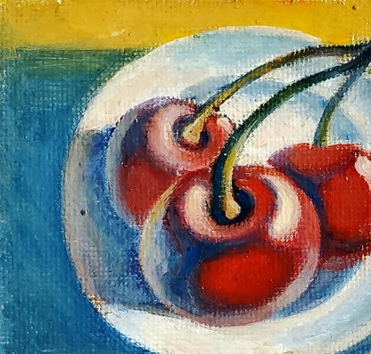 Oil painting of vibrant red cherries in white bowl by Daniil Litvinov