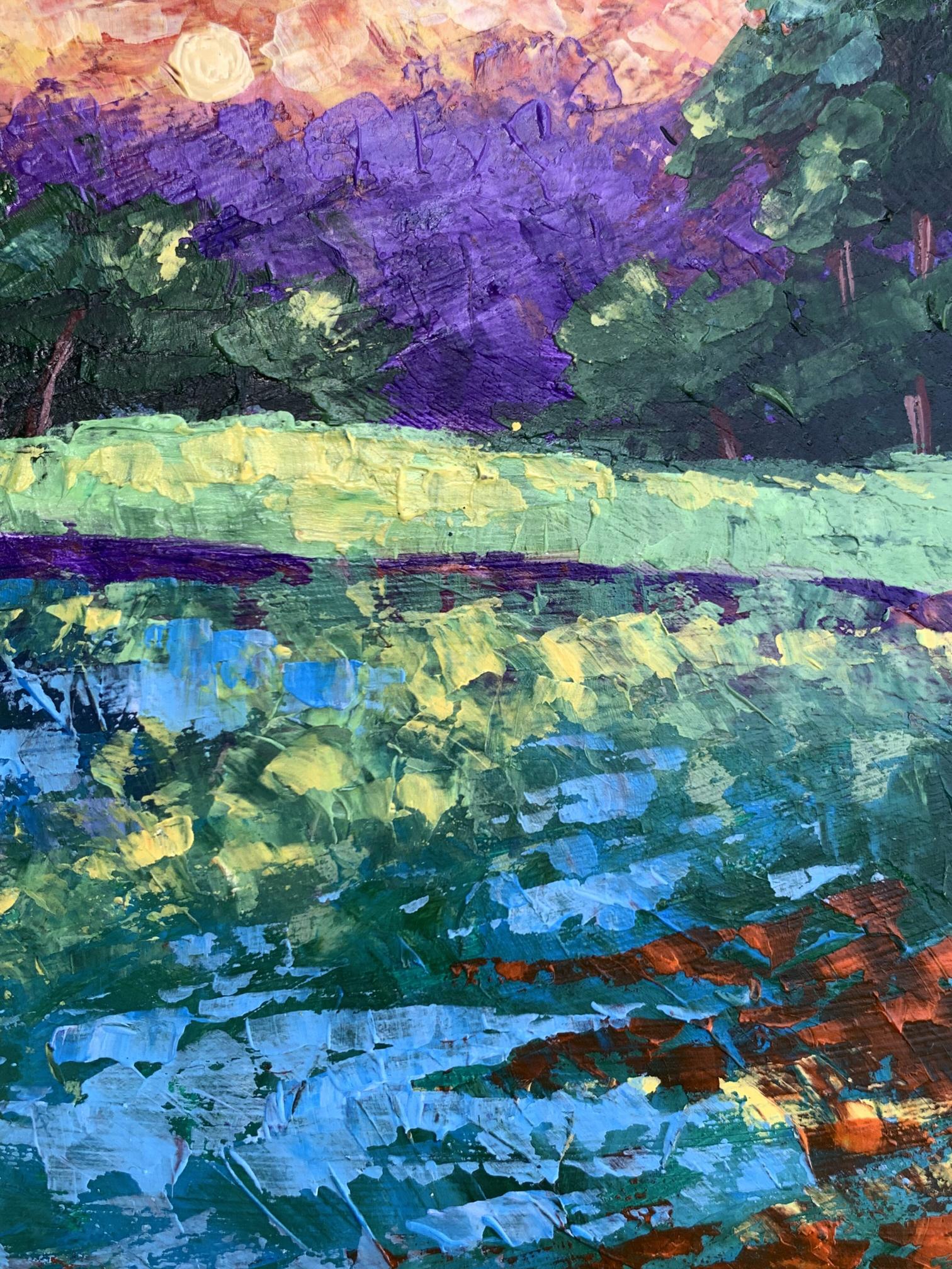 Vibrant impressionist oil painting Sunset behind the trees by V. Zadorozhnya