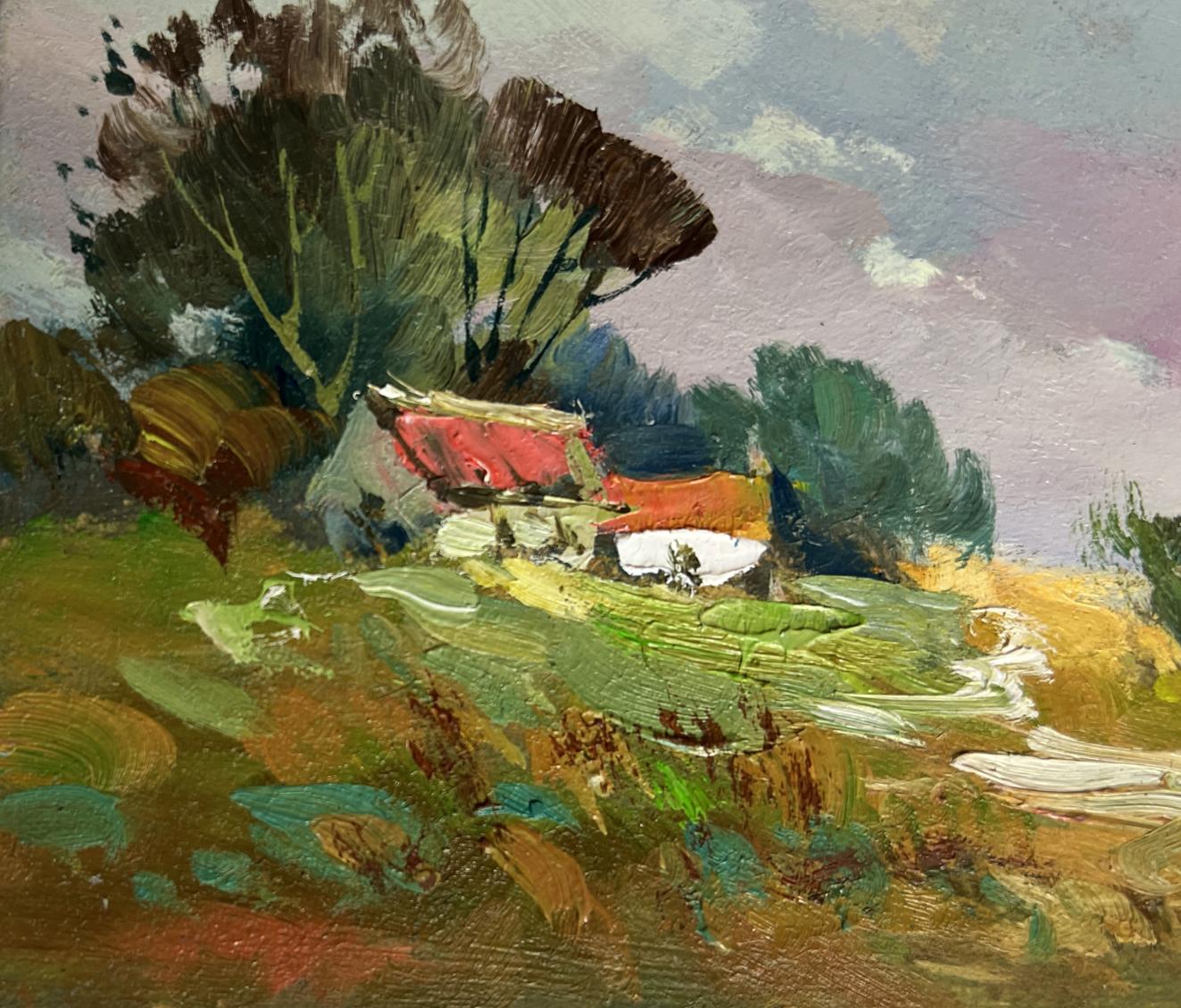 Rustic impressionistic oil painting by Yuriy Suprunchuk of overcast village hills