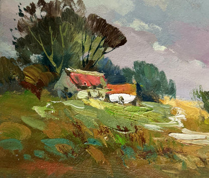 Rustic impressionistic oil painting by Yuriy Suprunchuk of overcast village hills