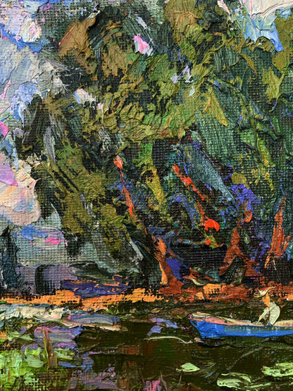 Vibrant impressionist oil painting of blue rowboat by Ivanyuk Oleksiy