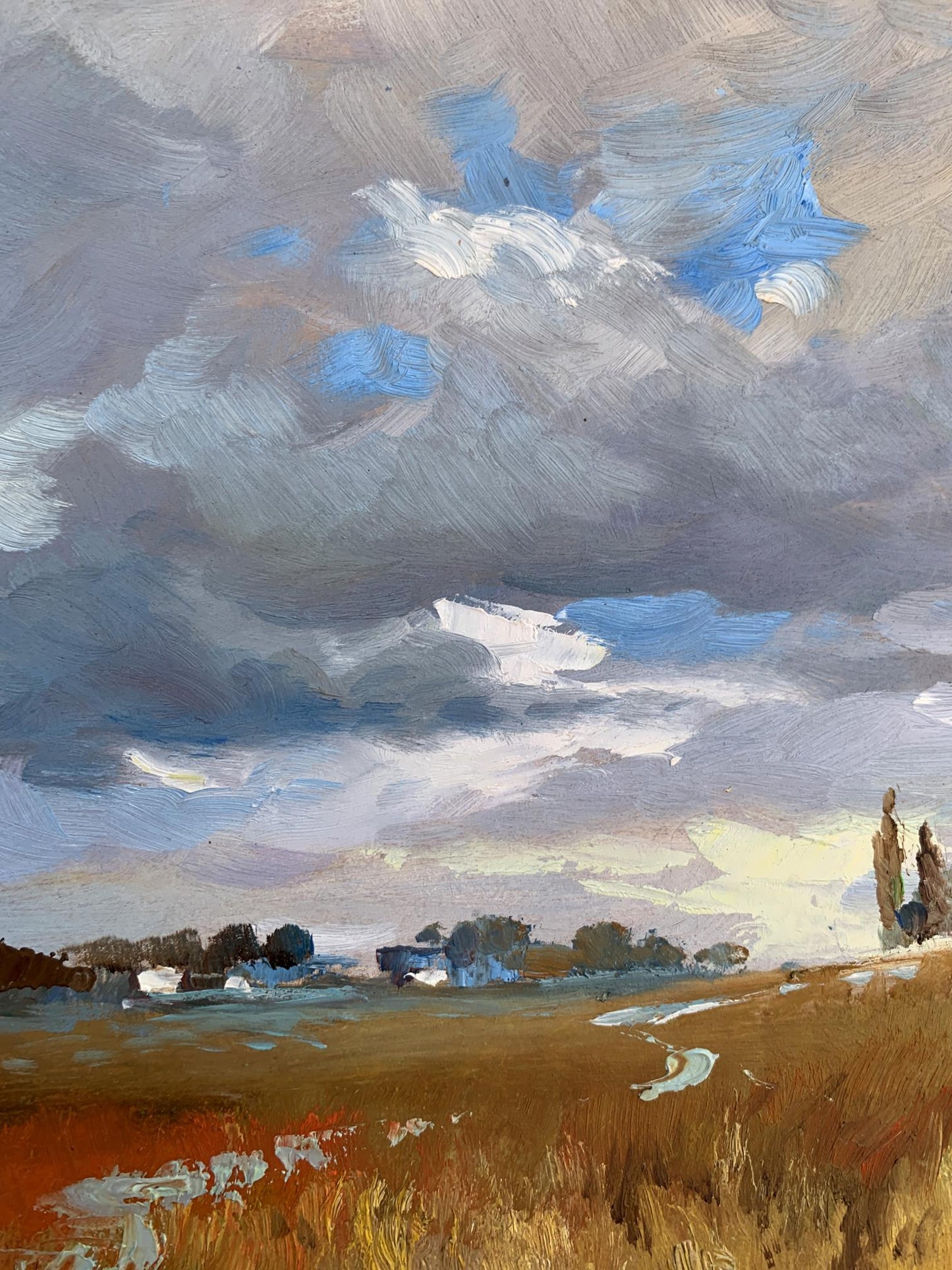 Oil painting Not far from the village by Yuriy Suprunchuk: dramatic sky over golden field