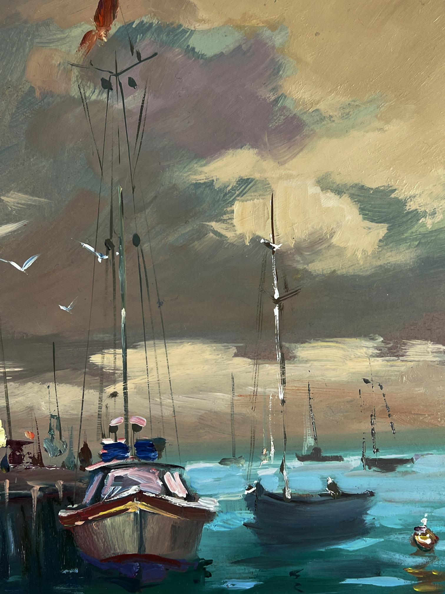 Oil painting Boats at the pier by Yuriy Suprunchuk harbor scene