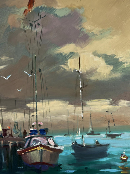 Oil painting Boats at the pier by Yuriy Suprunchuk harbor scene
