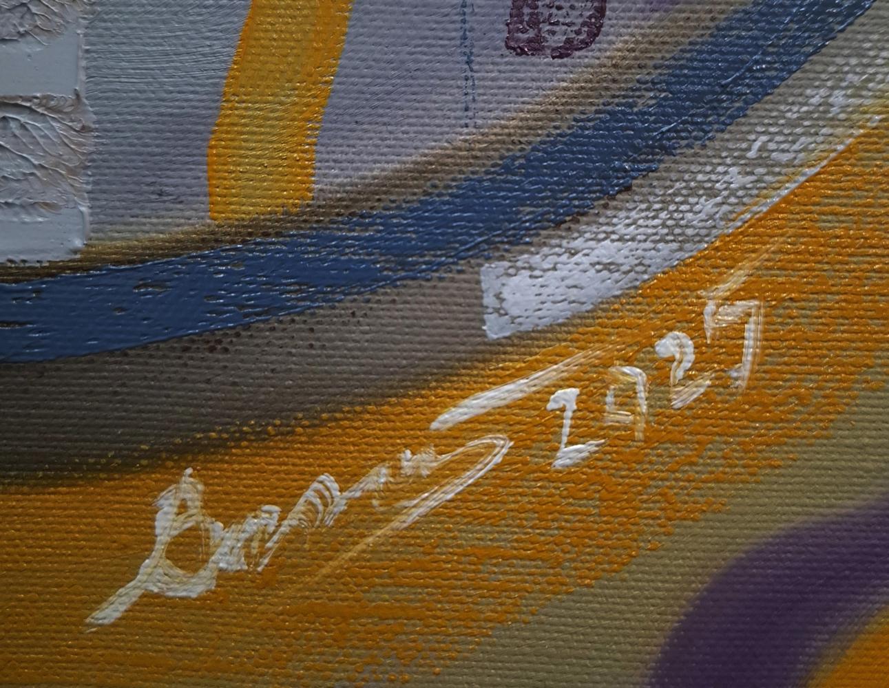 Back of Sergiy Voichenko oil painting Walking in the labyrinth with white 2027 signature on textured orange blue gray purple canvas