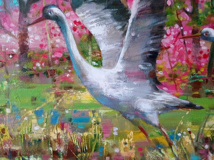 Oil painting Storks on a flower meadow Anatoly Tarabanov