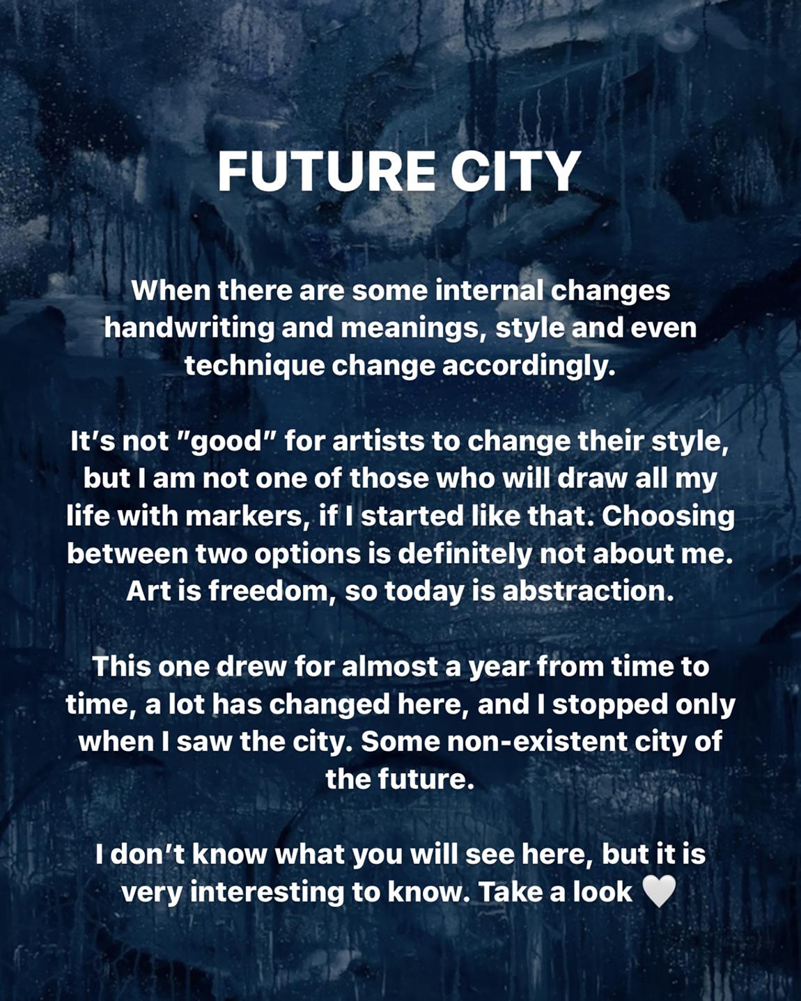 Dark blue textured Future city oil painting poster by Victoria Kagalovska
