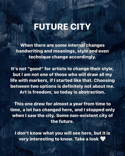 Dark blue textured Future city oil painting poster by Victoria Kagalovska