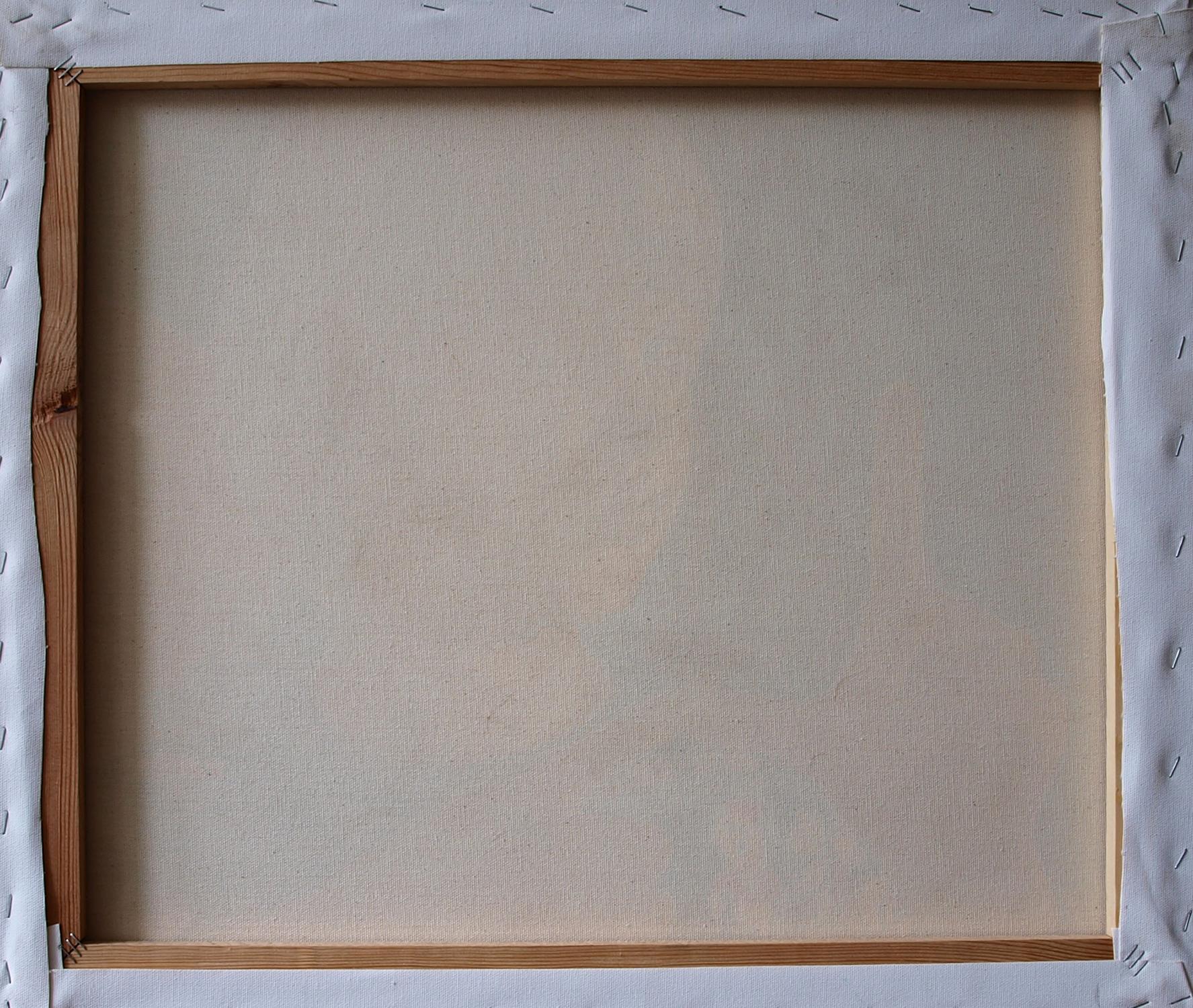 Back of Oil painting Start of questions by Konsta G. Amelinn on beige canvas frame