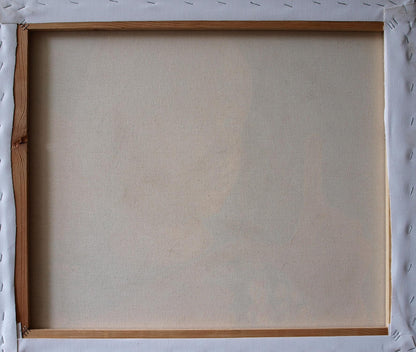 Back of Oil painting Start of questions by Konsta G. Amelinn on beige canvas frame