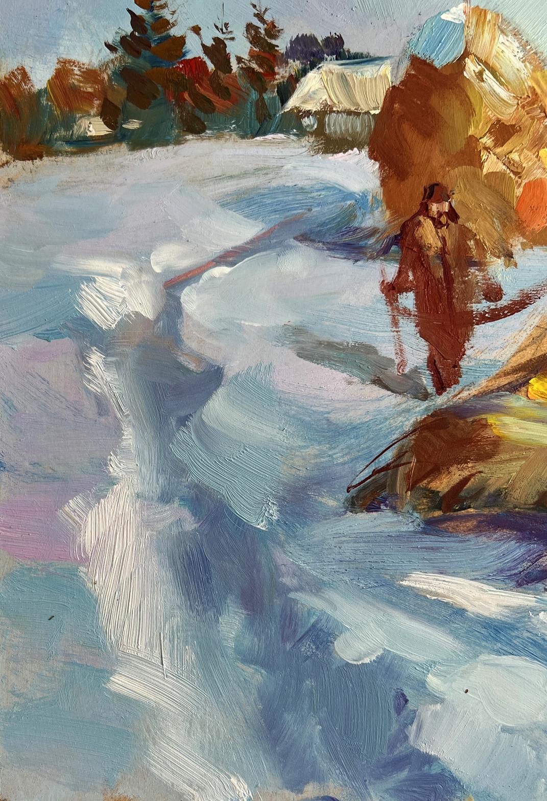 Impressionist oil painting of loading hay in snowy winter by Yuriy Suprunchuk