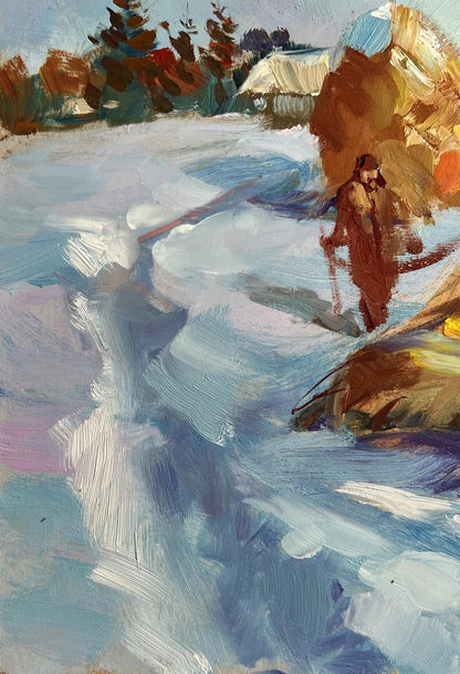 Impressionist oil painting of loading hay in snowy winter by Yuriy Suprunchuk