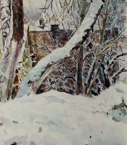 Snow-covered trees and winter church by Vitaly Duhnevich watercolor