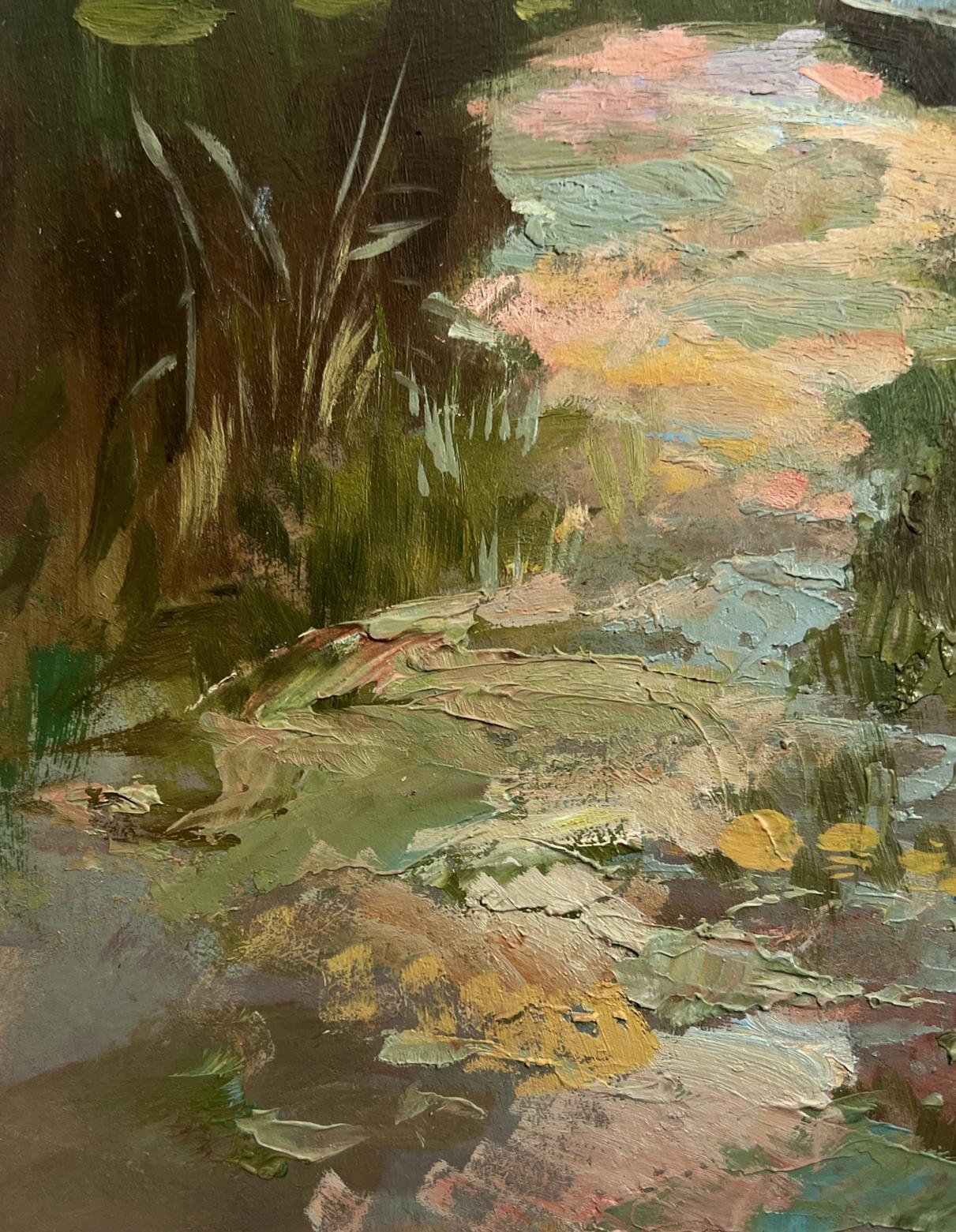Impressionistic oil painting by Yuriy Suprunchuk of sunny pond with lily pads