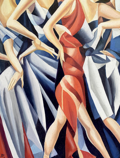 Vibrant red and white abstract oil painting of slender girls dancing by Victor Konotopsky