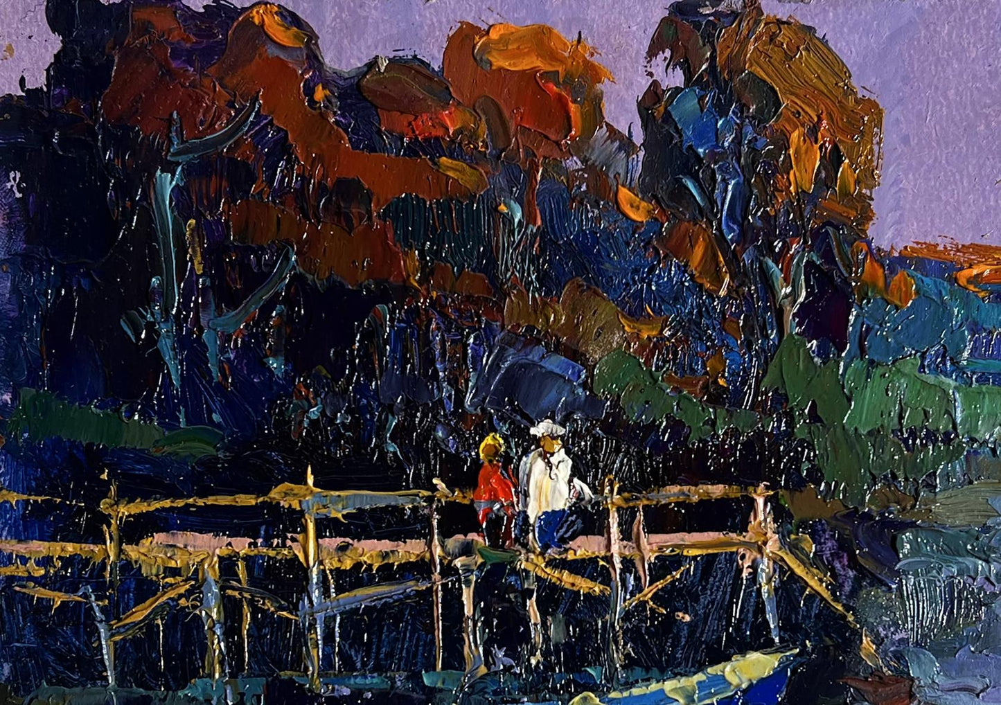 Vibrant impressionist oil painting by Oksana Ivanyuk of people on pier amid autumn trees