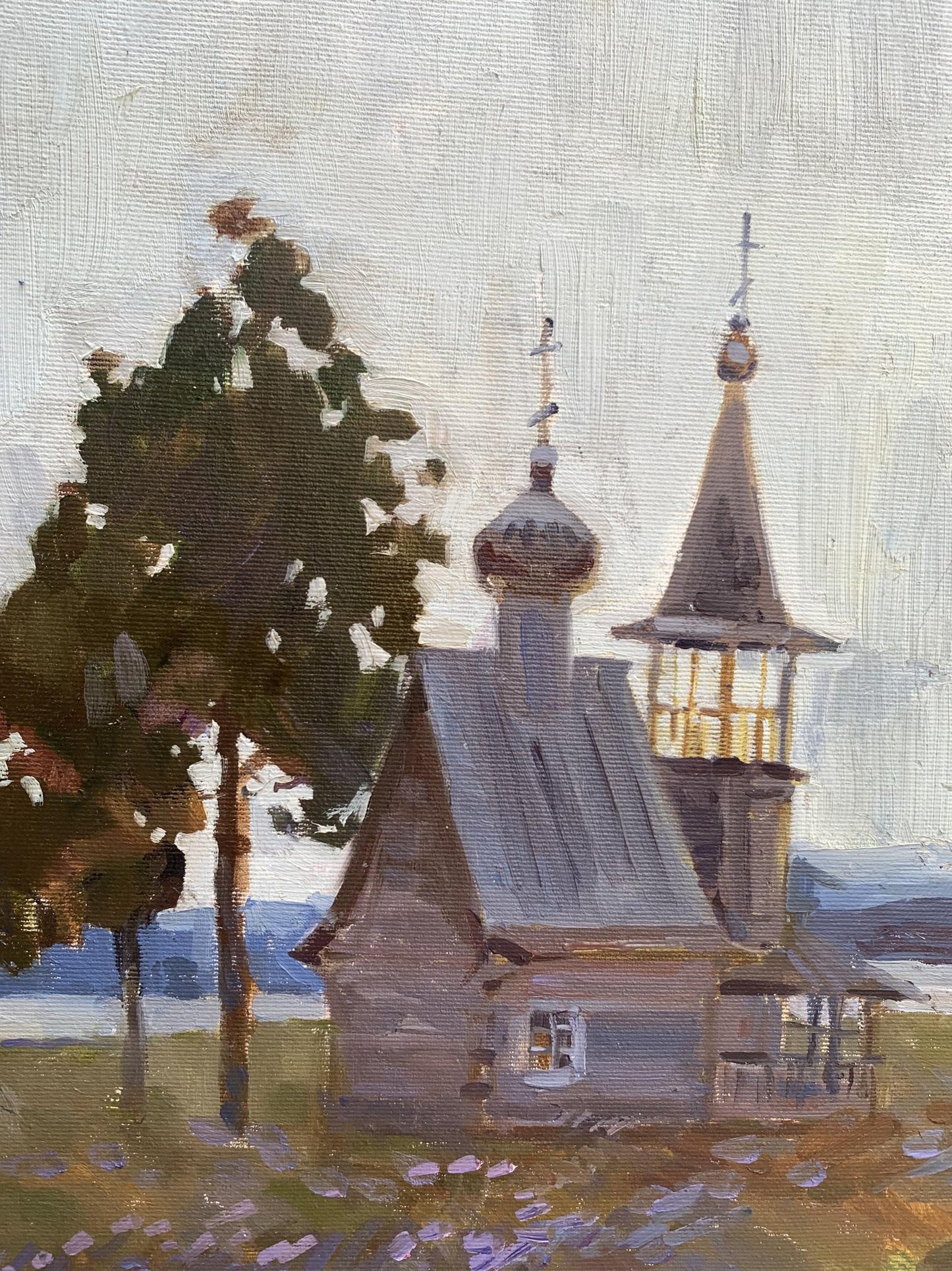 Oil painting of rustic wooden Temple church by Tatyana Derdey with onion domes