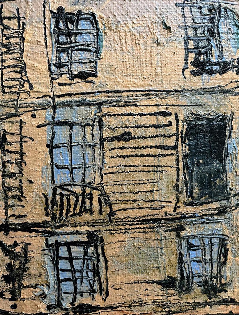 Oil painting Parisian comfort Serhiy Kovalev: textured beige black facade blue windows
