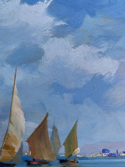 Oil painting of sailboats at sea by Yuriy Suprunchuk