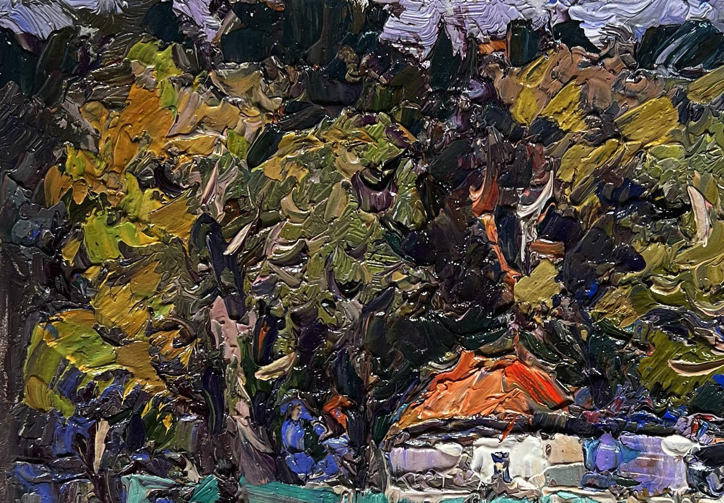 Textured impasto oil painting of huge garden in yard by Oksana Ivanyuk