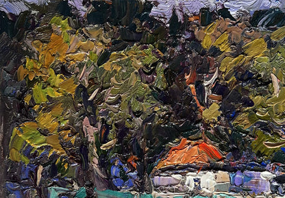 Textured impasto oil painting of huge garden in yard by Oksana Ivanyuk