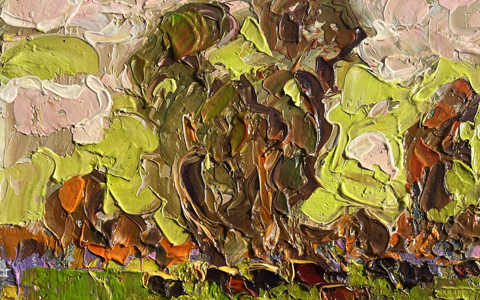 Oil painting of lush meadows behind village by Oleksiy Ivanyuk