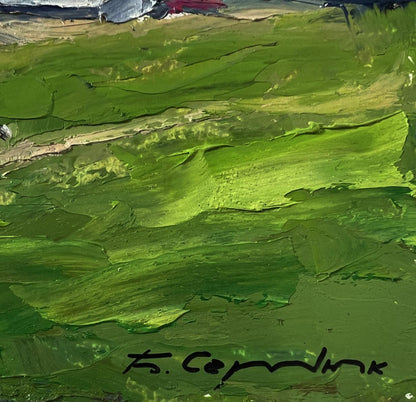 Oil painting Evening Field by Boris Serdyuk, textured green landscape