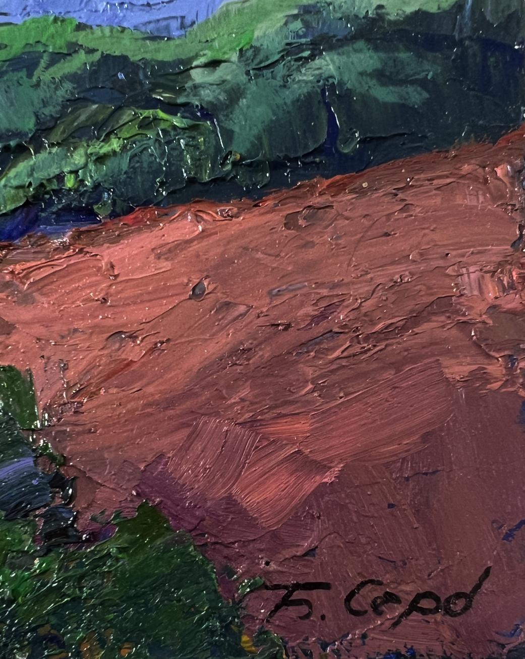 Oil painting of mountain sunset by Boris Serdyuk in green, red-orange, blue