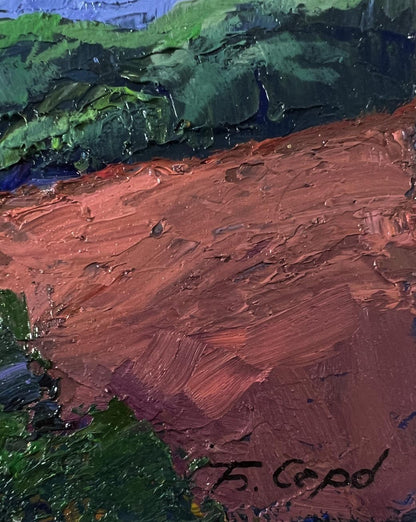 Oil painting of mountain sunset by Boris Serdyuk in green, red-orange, blue