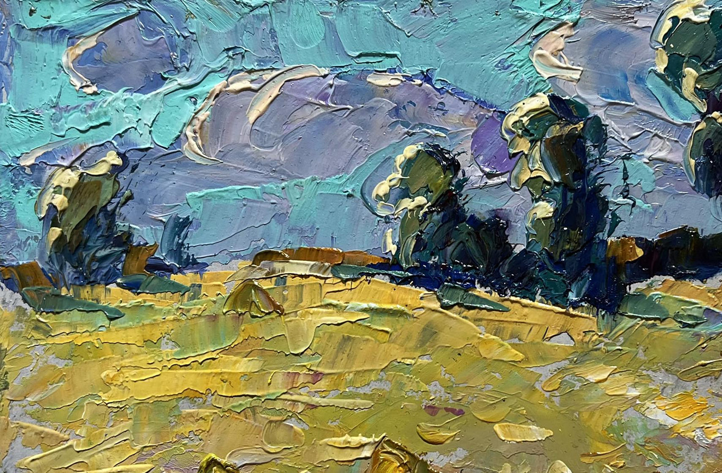 Oleksiy Ivanyuk oil painting of morning wheat field in teal impasto strokes